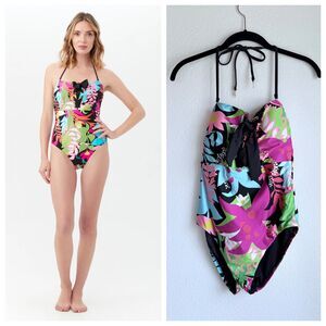 NWT Trina Turk Tiki Lace-Up Halter Bandeau One Piece Swimsuit in Multi Size 4